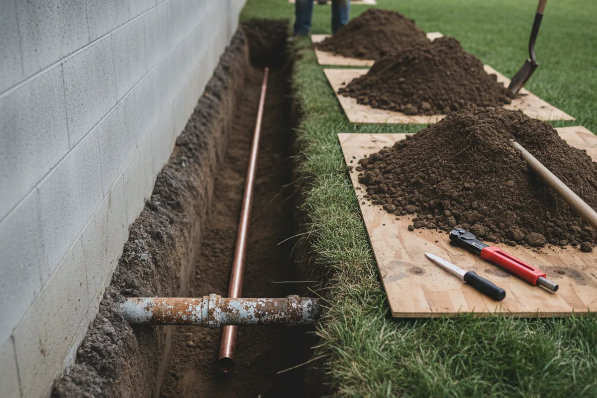 Excavated water line trench during Sewer Line Repair in Welch